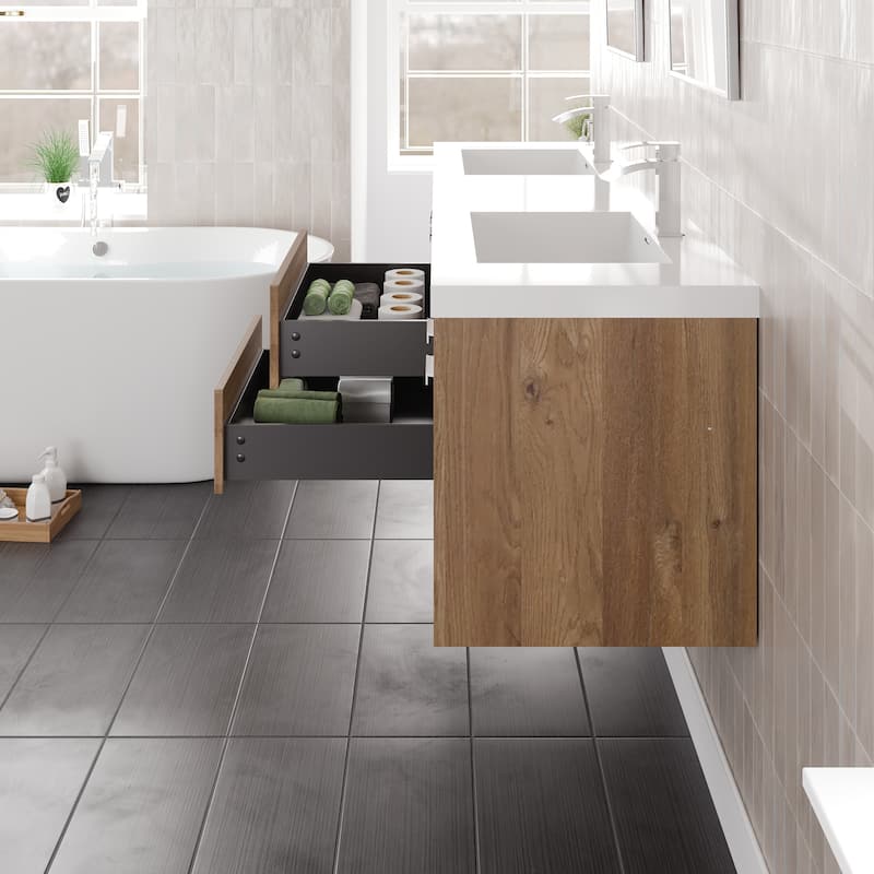 Lugano 72"W Wall Mount Bath Vanity with Acrylic Top & Integrated Sinks