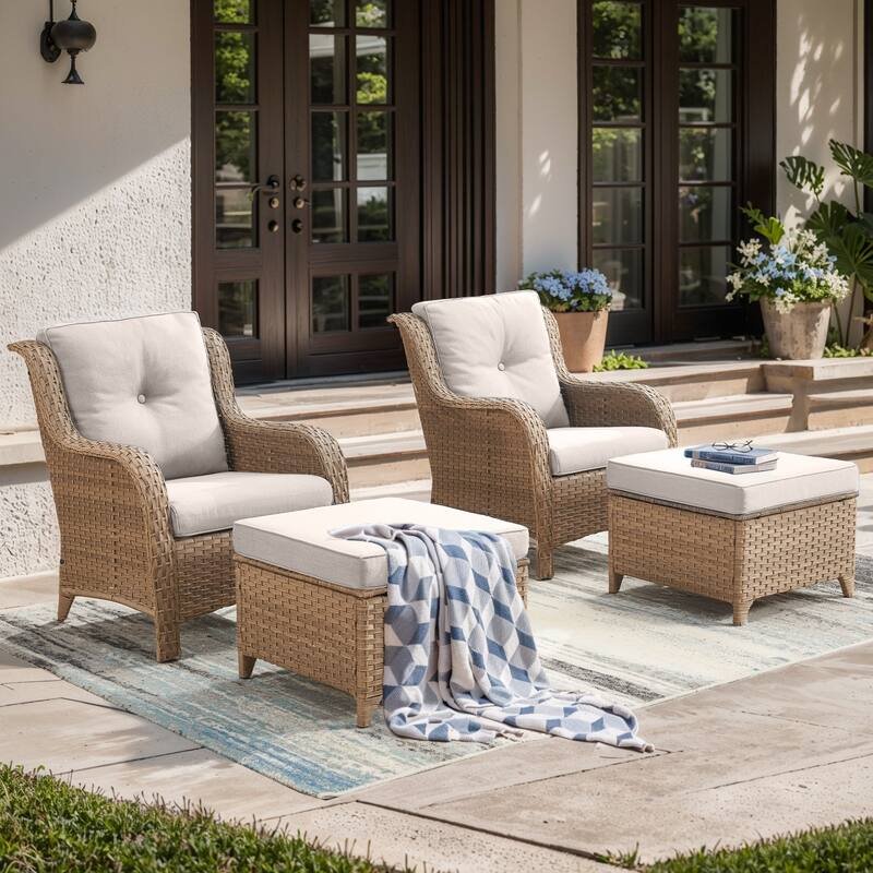 Pocassy Outdoor Patio Chairs Ottoman Table with 4 Inch Cushion - 4 Pieces Patio Chair w/ Ottoman - Yellow Rattan Beige Cushion