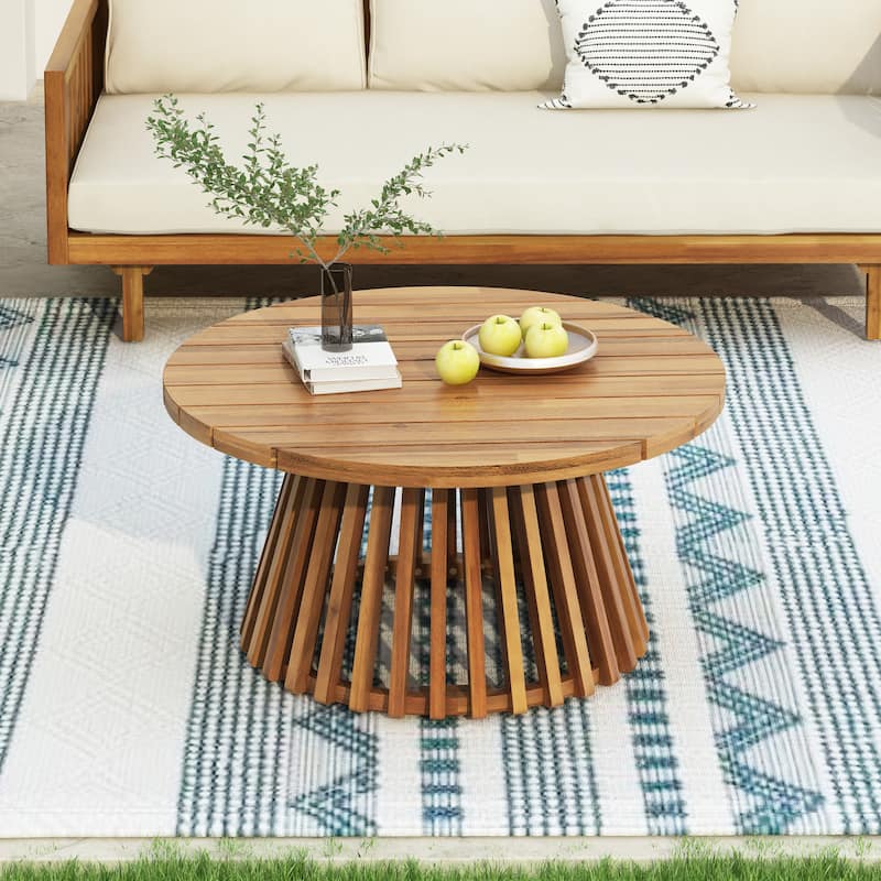 Anmytek Round Wooden Patio Table Slatted Top Outdoor Indoor Coffee Table All Weather Modern