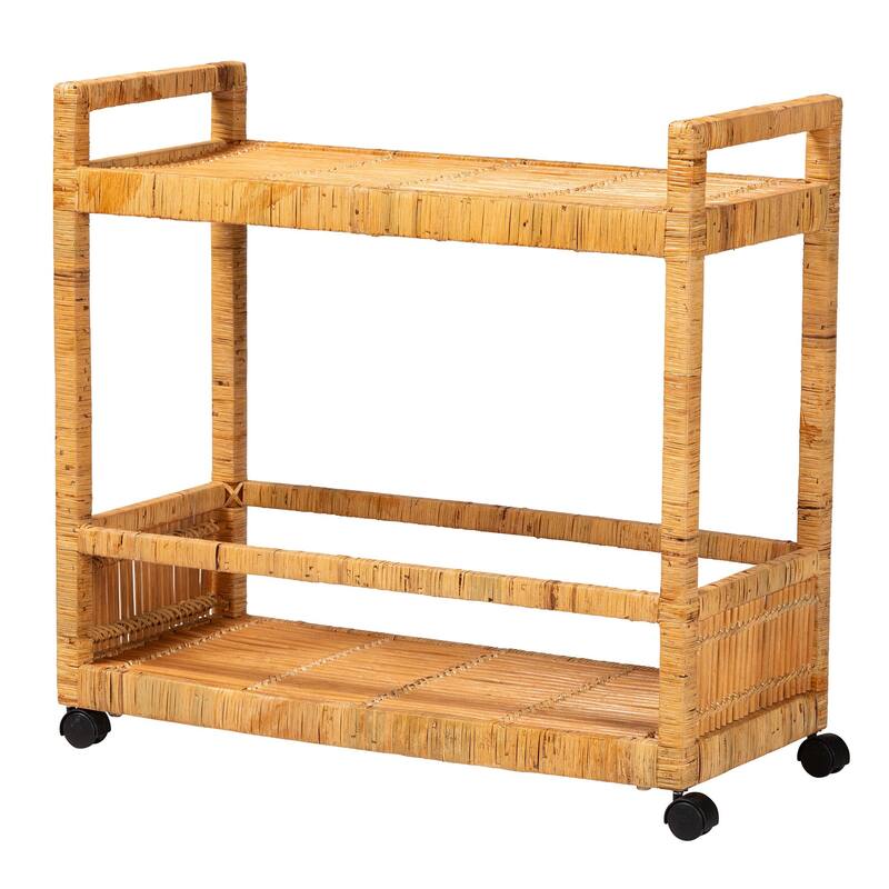 Genet Modern Bohemian Natural Brown Rattan and Teak Wood 2-Tier Kitchen Cart - Kitchen Cart
