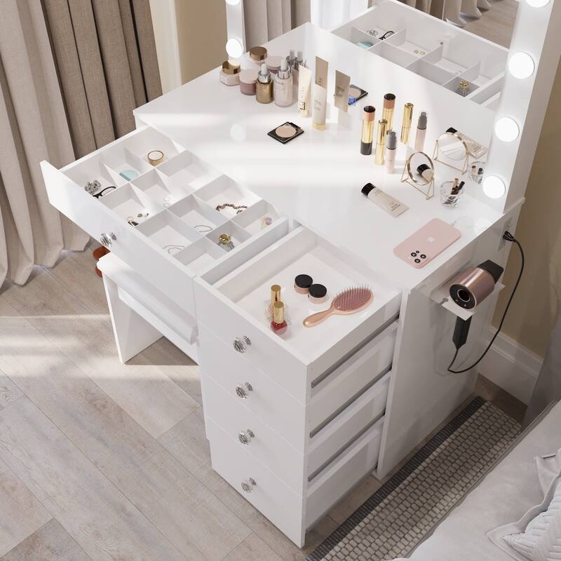 Boahaus White Makeup Vanity Desk with 13 Light Bulbs, Glass Top, USB-A & USB-C, 5 Drawers, Hair Dryer Holder, and Stool