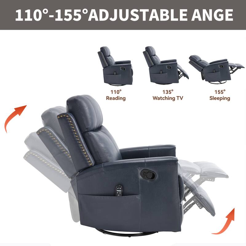 One Piece Genuine Leather Recliner Chair with Massage Heat Rocker and Swivel