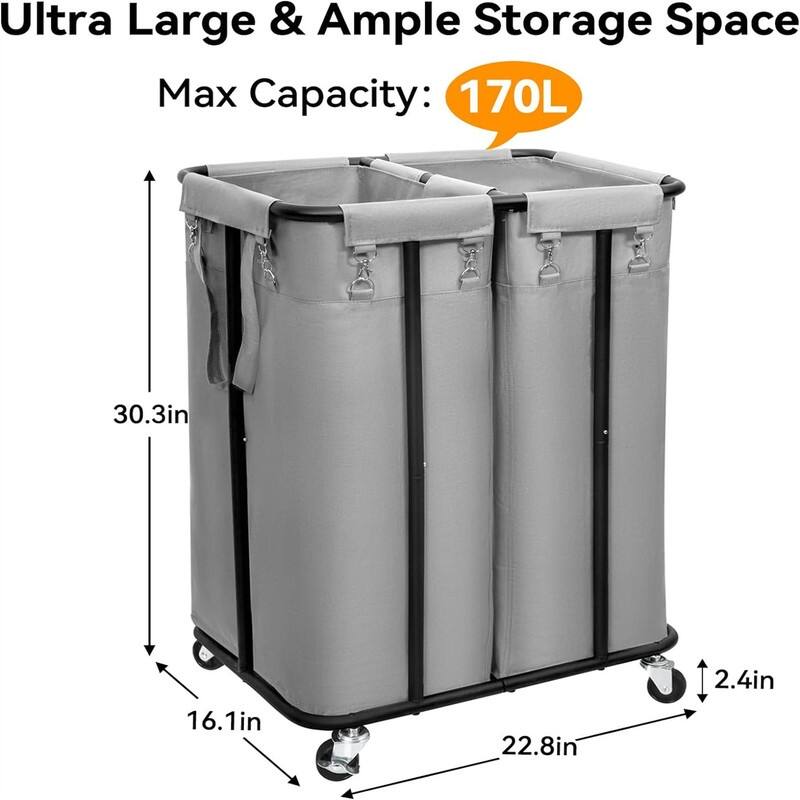 Double Laundry Hamper with Wheels 170L Rolling Laundry Basket Organizer - 22.8"L x 16.1"W x 30.3"H