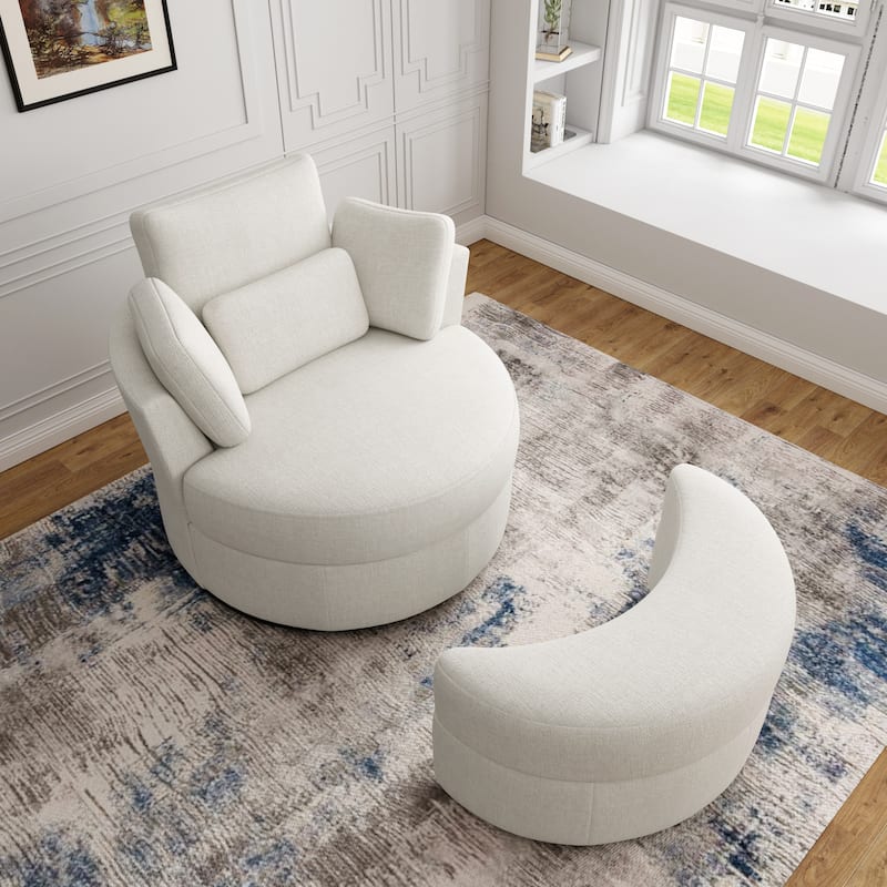 Chenille/Boucle Swivel Barrel Chair with Storage Ottoman - Chair Ottoman Set - CHENILLE/BEIGE/Set
