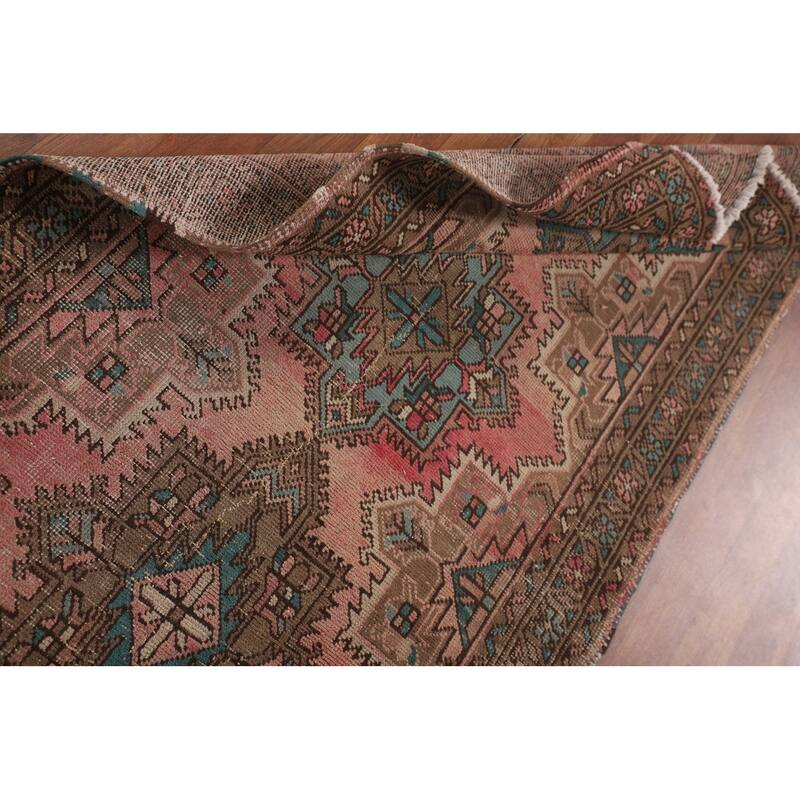 Pink Geometric Tabriz Persian Vintage Runner Rug Handmade Wool Carpet - 3'3"x 12'5"