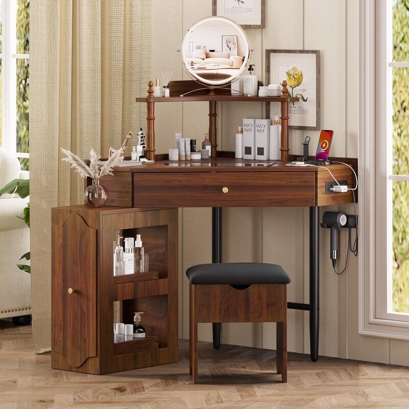 Corner Makeup Vanity Desk Set - Triangle Triangle Glass Top with Drawer & Shelf, Pull-Out Side Cabinet, Charging Station
