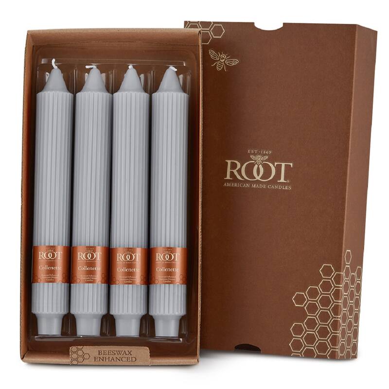 Root Unscented Grecian Collenette Taper Candles box of 4 - 9 X 1-1/4 - Platinum