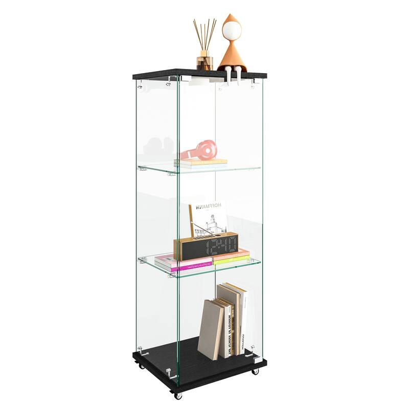 Modern Glass Display Cabinet with LED lights, Quick-assembly Antique Cabinet, Tempered Glass Bookshelf