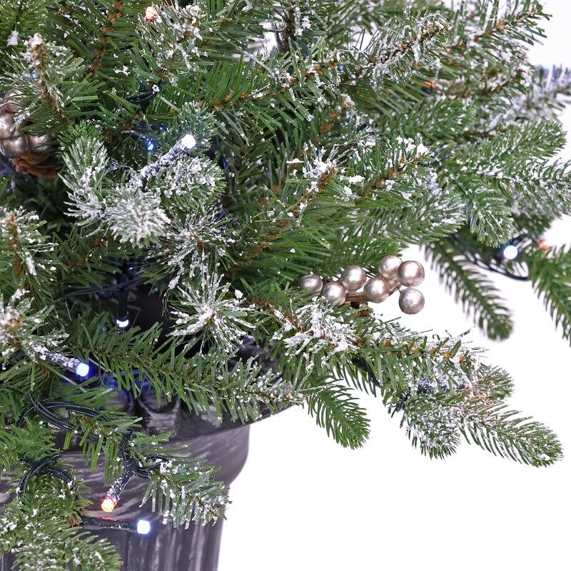 National Tree Company 2 ft. Pre-Lit Feel-Real Snowy Morgan Spruce Porch Bush in Silver Brushed Plastic Urn - Green - 2 ft