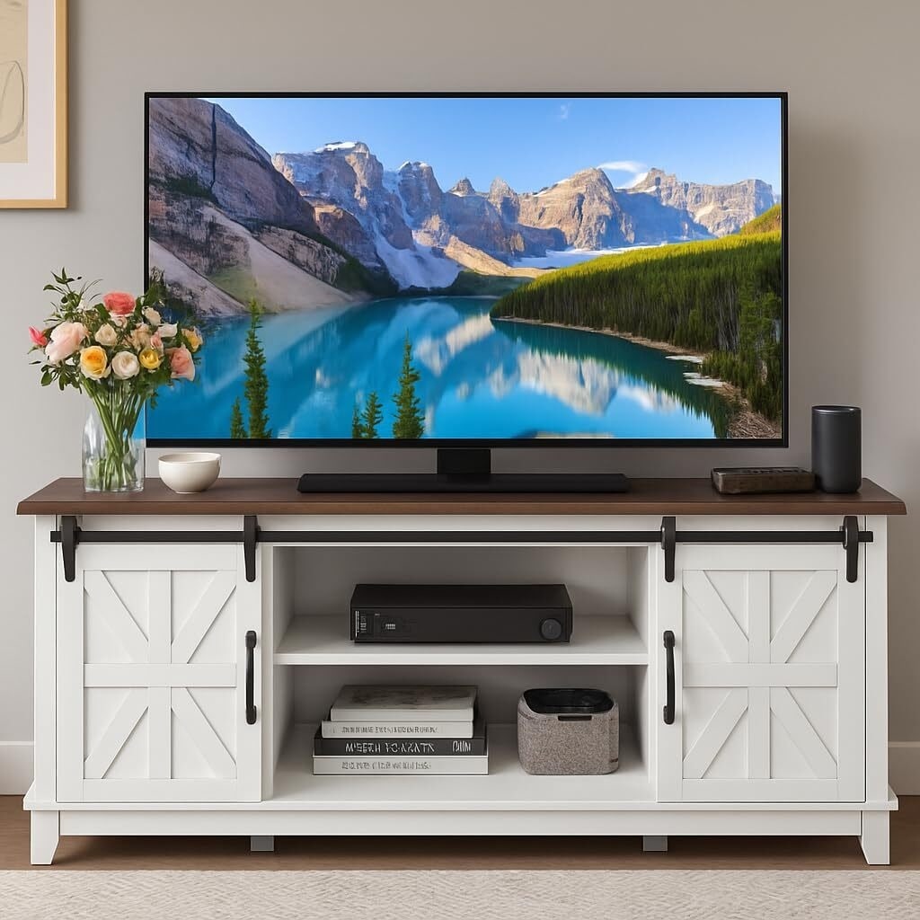 66" Farmhouse Home TV Stand for Up to 75" Television, Entertainment Center with Storage & Adjustable Shelf, Media TV Console