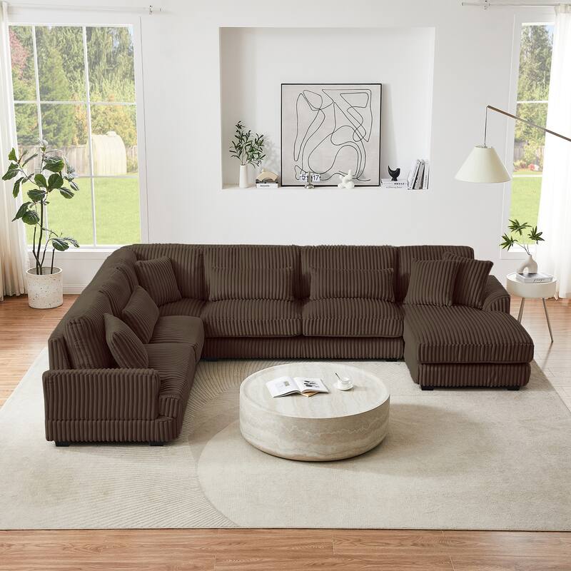 Roomfitters 129 Inch Oversized U-Shaped Sectional Sofa with Chaise Lounge, Corduroy Fabric - Brown