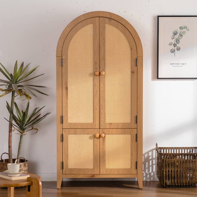 Arched Kitchen Pantry Cabinet, 63.39" Tall Arched Bookcase Rattan Storage Cabinet with Doors Adjustable Shelves, Freestanding - Natural Wood