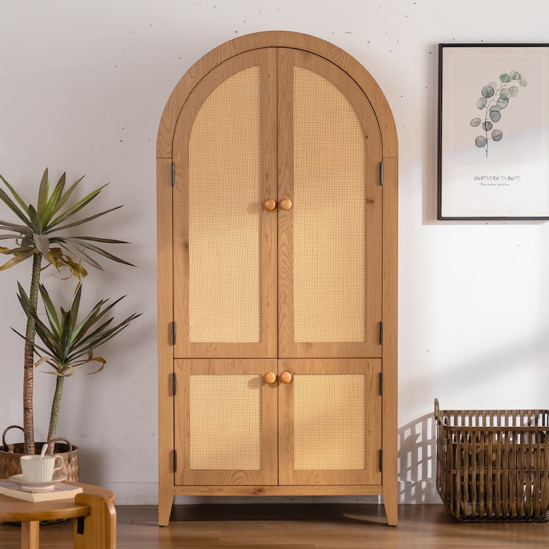 Farmhouse Arched Pantry Cabinet with Rattan Doors & Adjustable Shelves, 63'' Freestanding Storage Cupboard