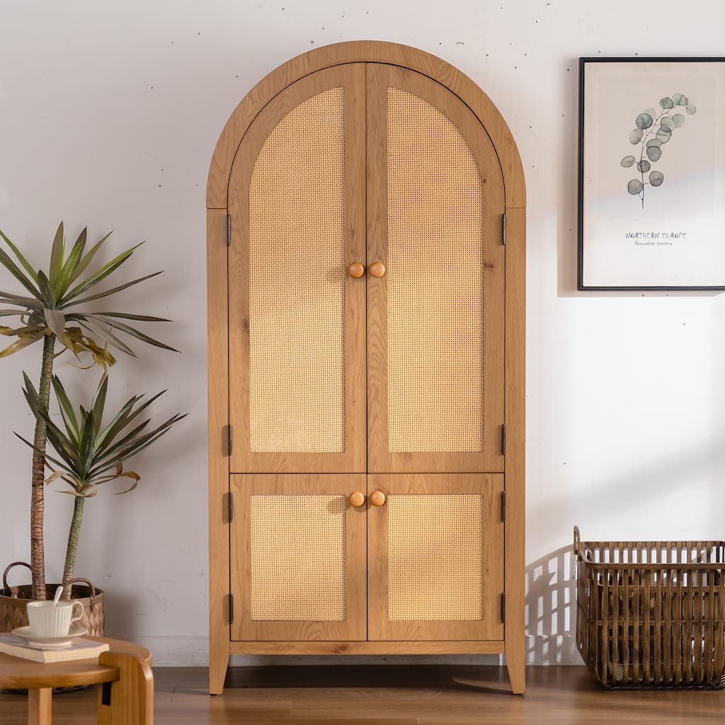 Farmhouse Arched Pantry Cabinet with Rattan Doors & Adjustable Shelves, 63'' Freestanding Storage Cupboard