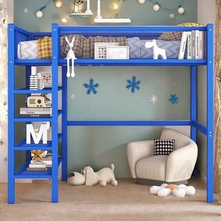 Artsy Full Size Metal Loft Bed with 4-Tier Shelves and Storage, Blue