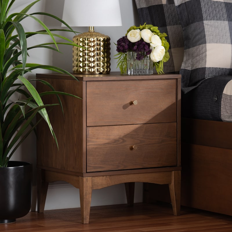 Landis Mid-Century Modern Ash Walnut Finished Wood 2-Drawer Nightstand