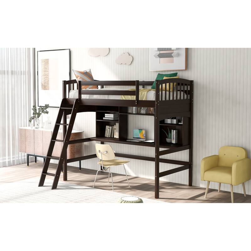 Twin Size Loft Bed with Storage Shelves, Desk, and Ladder
