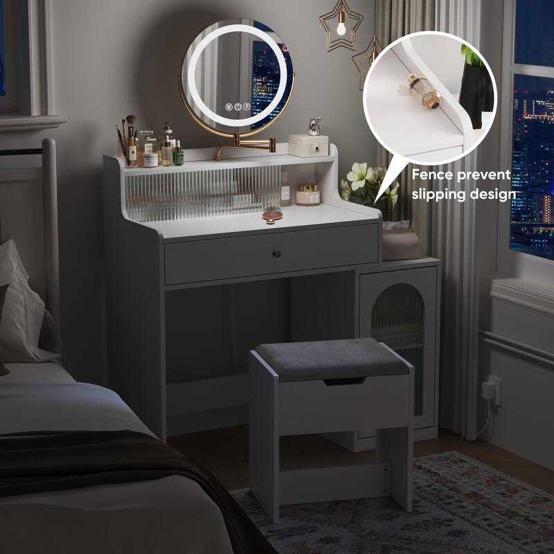 Makeup Vanity with 360° Rotated Mirror & Lights, Vanity Desk with Side Cabinet, Dressing Table Set with Stool