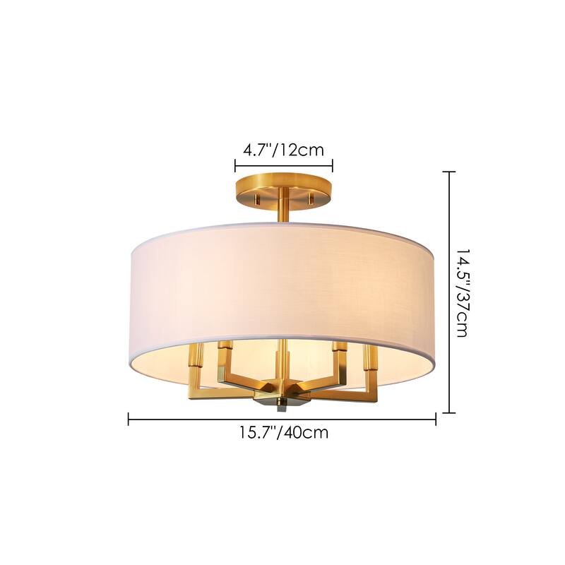 4-Light Mid-Century Modern Gold Semi-Flush Mount Light with White Drum Fabric Shade for Bedroom, Living Room