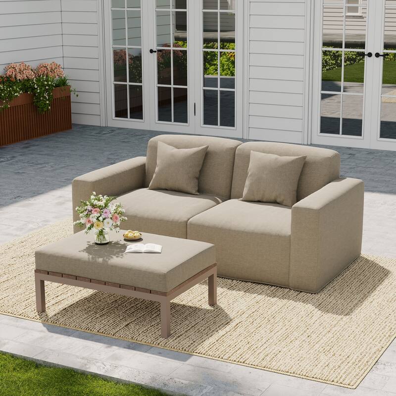 No Assembly Couch Outdoor Patio Modular Sofa with Coffee Table - Camel