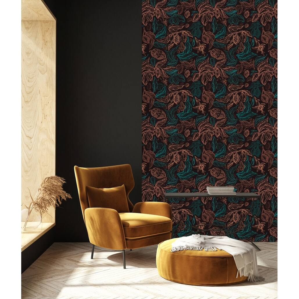 Black Wallpaper with Leaves Contours PeelandStick and PrePasted