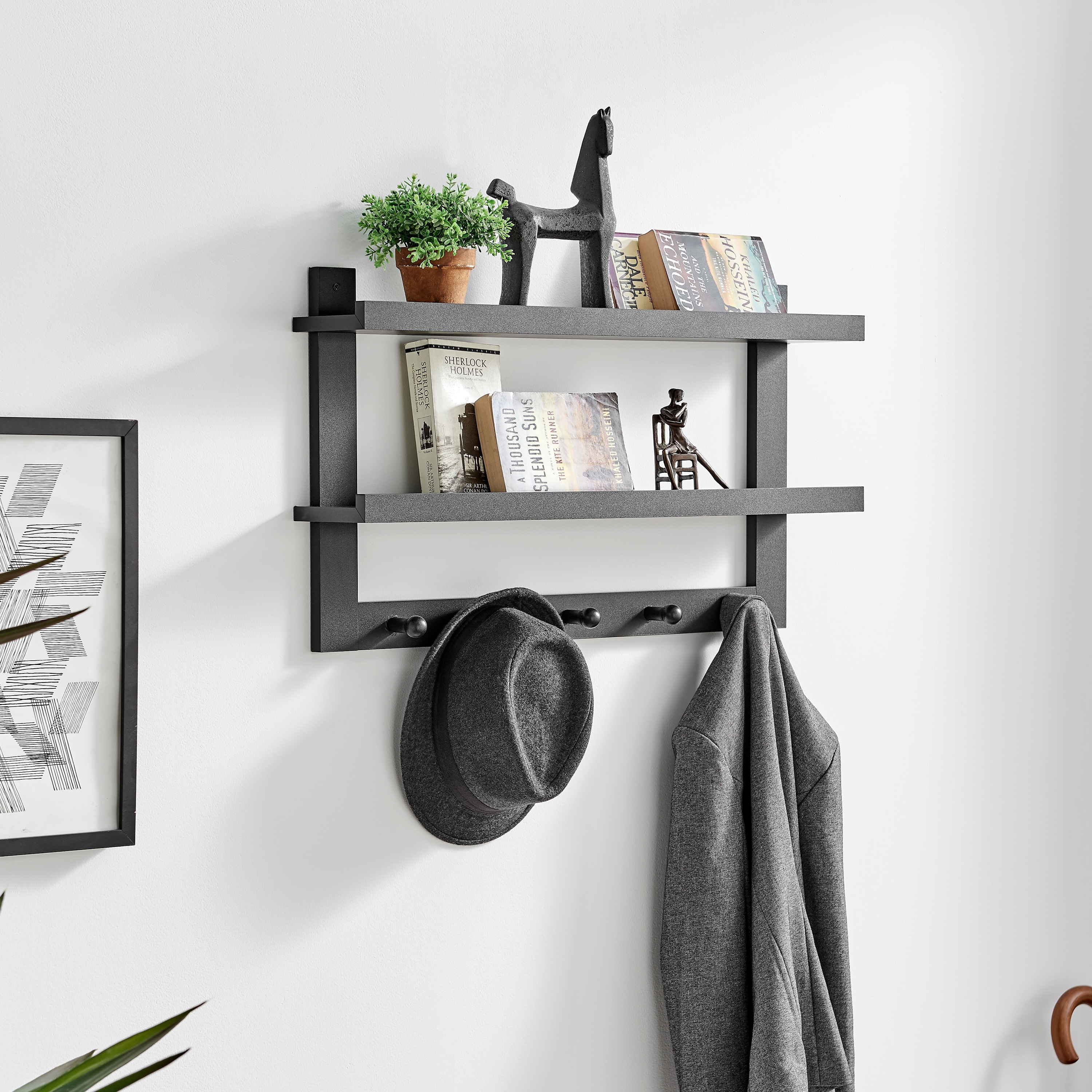 Wall Shelf with 5 Hanging Hooks