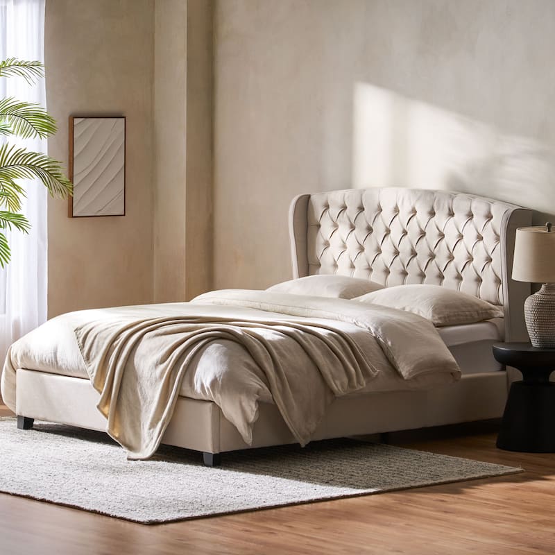 Costello Upholstered Tufted Fabric Queen Bed Set by Christopher Knight Home - Ivory