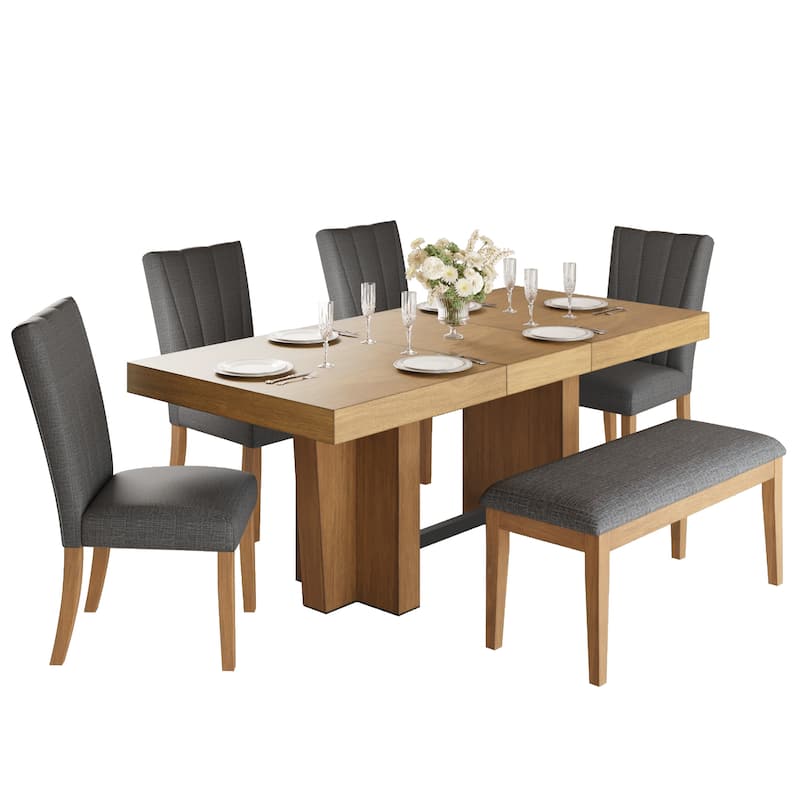 Farmhouse 78.1" Expandable Dining Set‌ – Includes Bench & 4 Upholstered Chairs, 3.8" Thick Tabletop with Trestle Base.