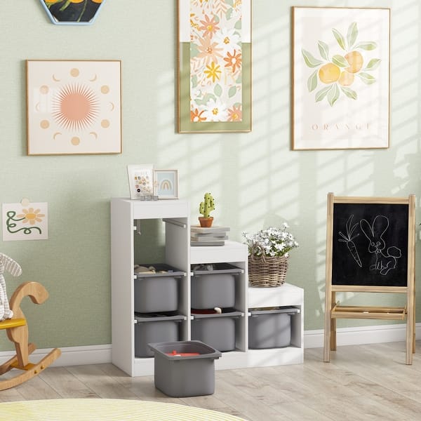 slide 2 of 9, Qaba Kids Toy Storage Organizer w/ 3 Layers & 6 Storage Bins, Gray Off White