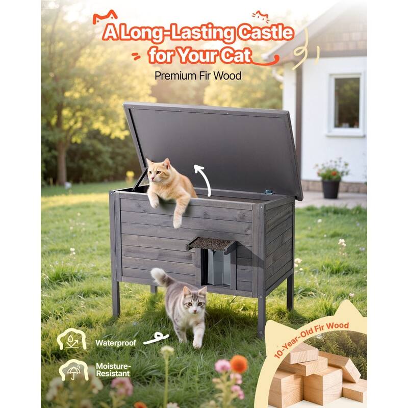 Insulated Wooden Cat House with Heating Pad and Waterproof Outdoor Shelter for Multiple Cats