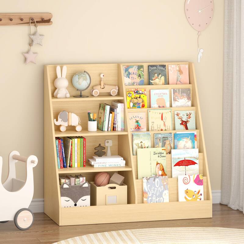 Kids Bookshelf and Toy Storage Organizer, Multifunctional 4 Tier Wooden Kids Book Shelf with Bookcase Display Stand
