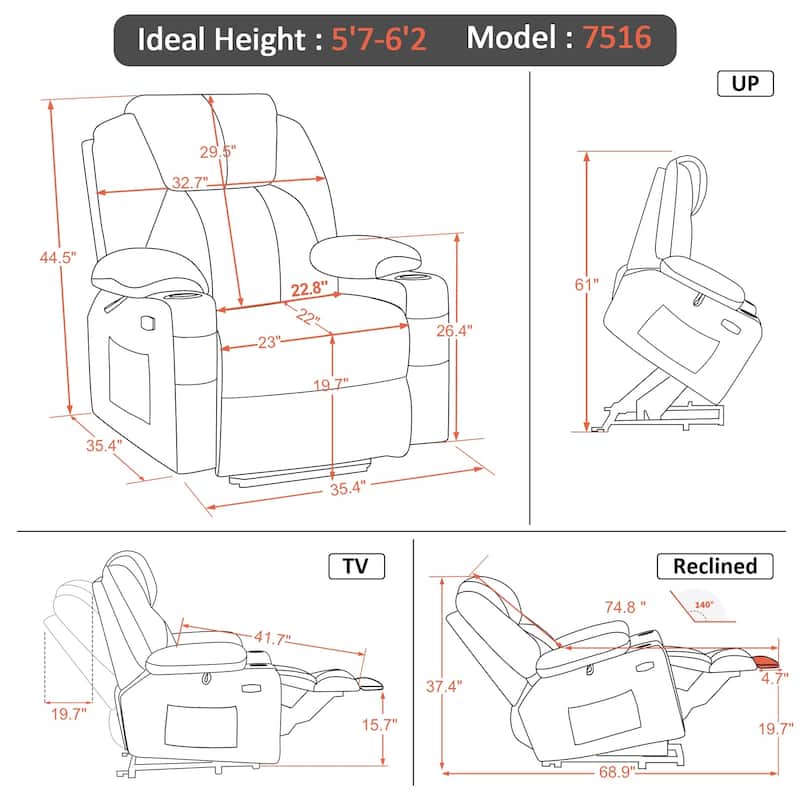 MCombo Large Power Lift Recliner Chair with Massage, Cup Holders, Extended Footrest, Fabric 7516