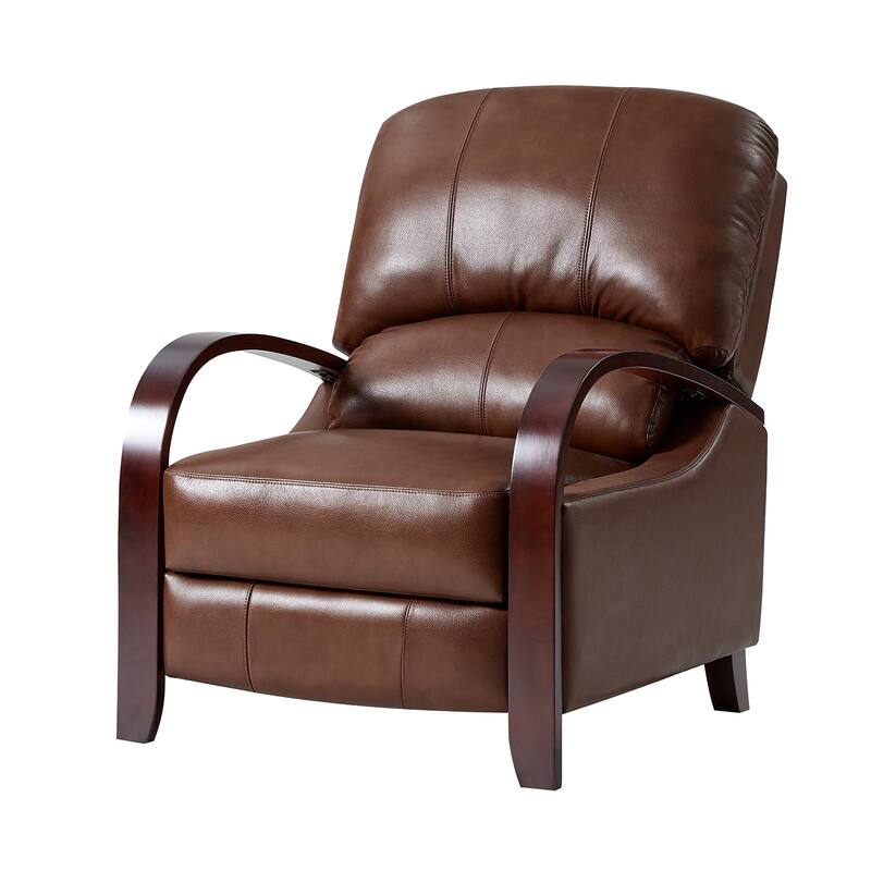 Alex Mid-century Modern Genuine Leather Manual Recliner with Wooden Curved Arms