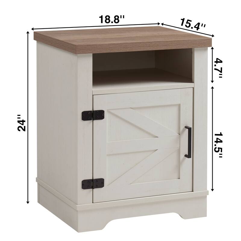 Farmhouse Nightstand, Modern Bedside Table with Barn Door and Shelf, Rustic End Table Side Table for Bedroom, Living Room