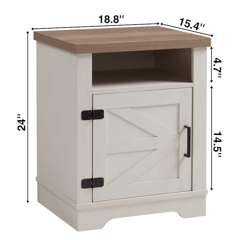 Farmhouse Woodem Nightstand, Sofa Side Table with Barn Door & Open Shelf, Multi-functiona Bedroom Coffee Table
