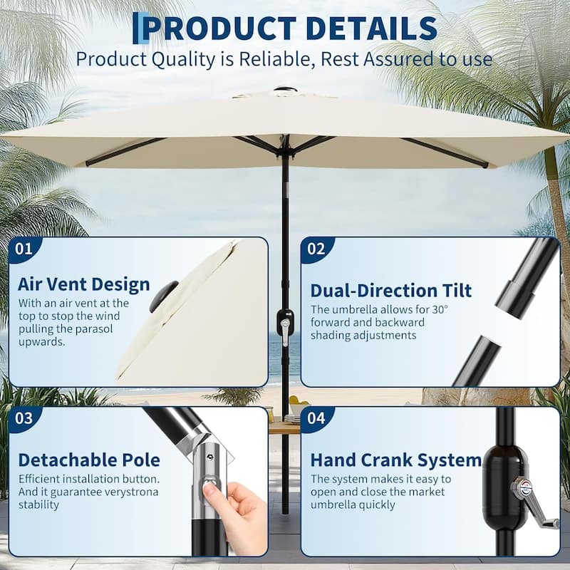 10' x 6.5' Solar Patio Umbrella with Crank and Push Button Tilt for Garden, Deck, Lawn, Pool (No Base)