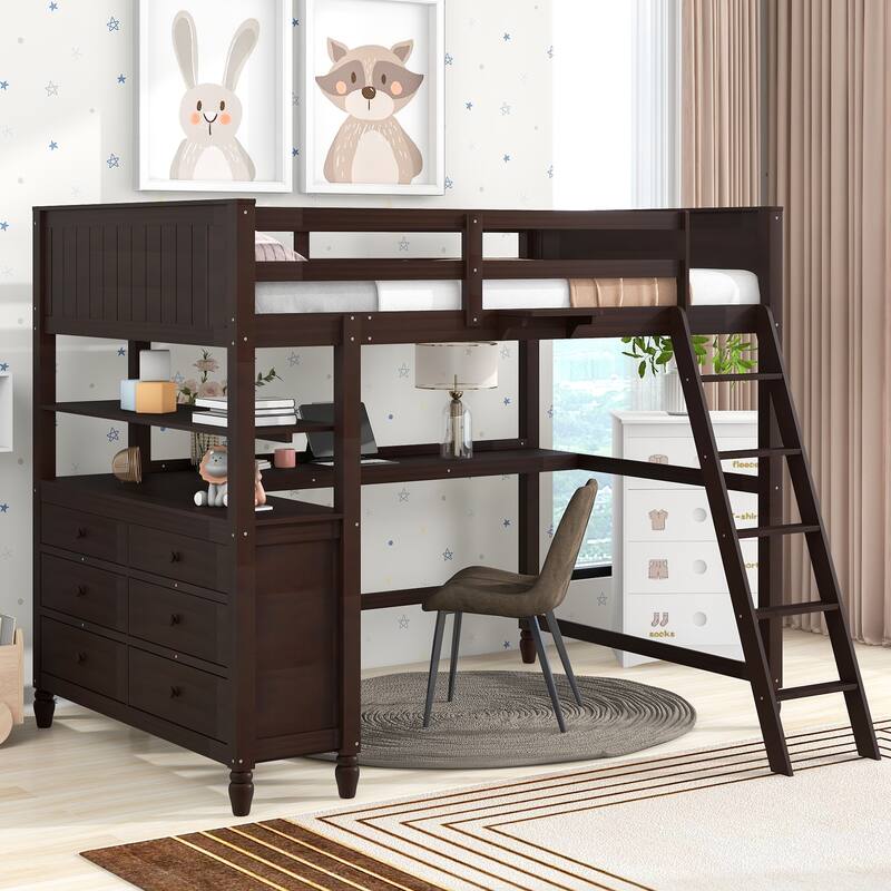 Full Size Loft Bed with 6 Storage Drawers, Desk, and Shelves - Espresso