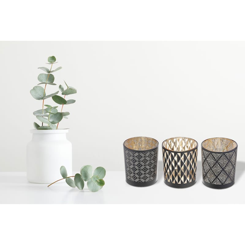 Glass Tealight Holder Black Pattern - Set of 3 - N/A
