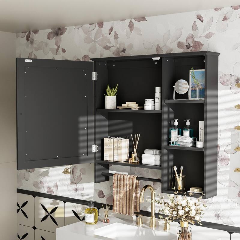 GDFStudio - Rosdale Modern Wall Mounted Bathroom Storage Mirror Cabinet with Adjustable Shelves, Open Storage and Towel Rack