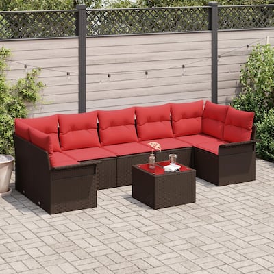 vidaXL 8-Seater Garden Sofa with Cushions Black/Brown/Grey Poly Rattan - 52.2 x 113.8 x 27.2