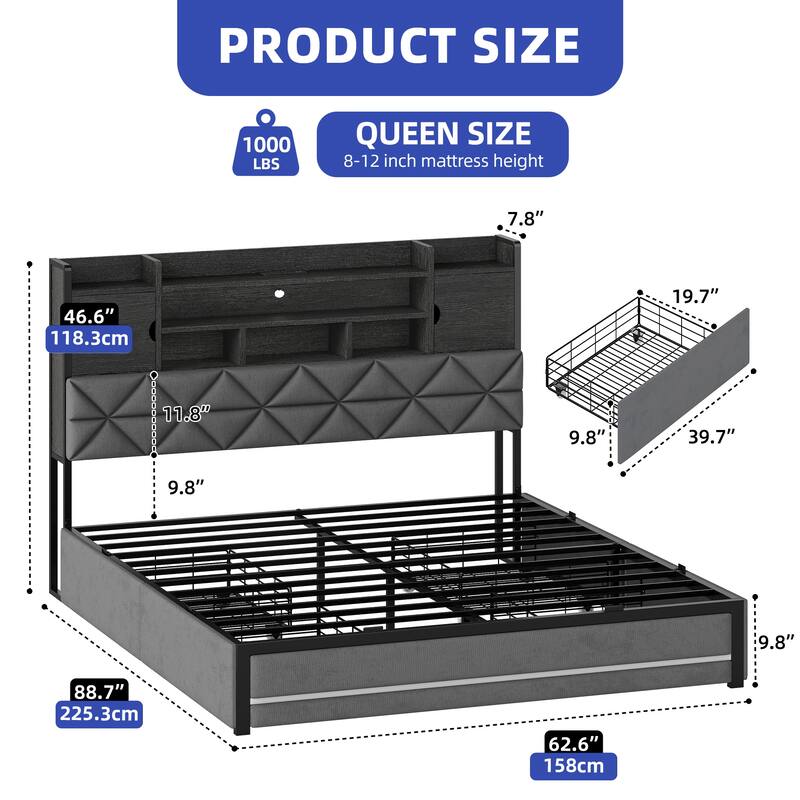 Velvet Upholstery Bed Frame With 4 Underbed Storage Drawer, LED Lights And Charging Station