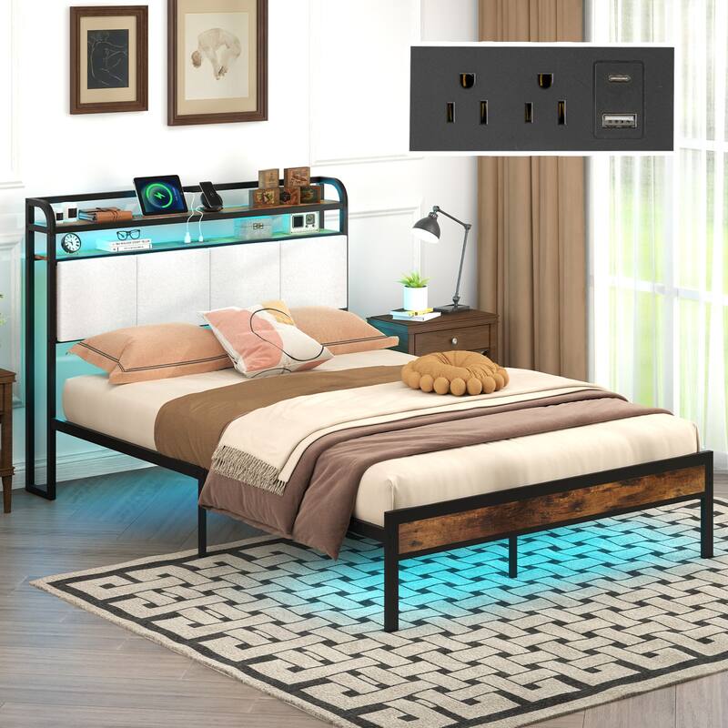 Gymax Full Size Bed Frame w/LED Light & Charging Station Heavy Duty