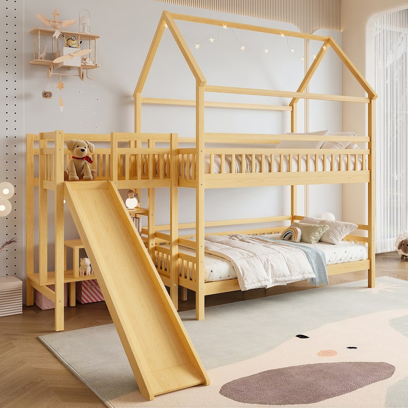 House-shaped Bunk Bed Playful Kids Bed Frame with Storage Stairs, Slide and 2 Placement Methods for Boys and Girls