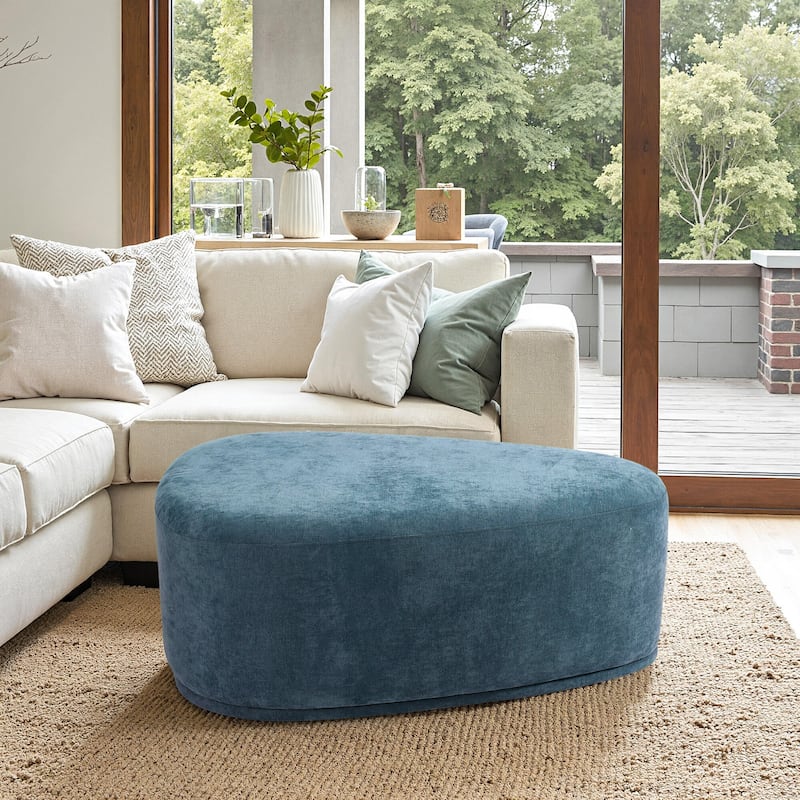 Leon 43" W Modern Oversized Chenille Triangular Cheese Ottoman - Blue
