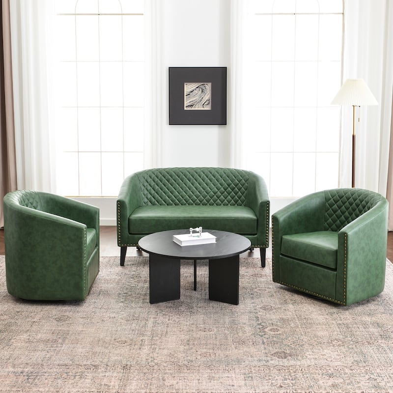 KINWELL 3-Piece PU Living Room Sets 1 Loveseat 2 Swivel Chairs - Green