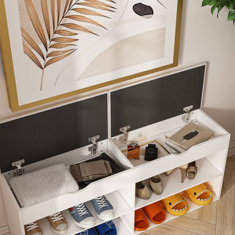 Wood Shoe Storage Bench with Cushion Seat Entryway Shoe Rack Bench