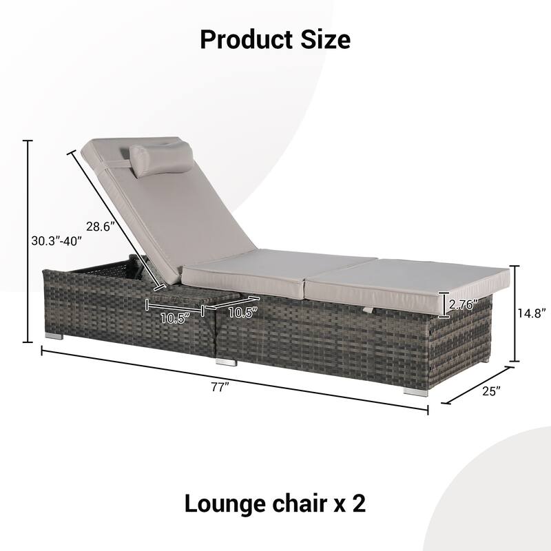 Outdoor Chaise Lounge Chair Set of 2 with Storage Patio Pool Chairs Tanning Lounges for Outside, Beach Rattan Recliners