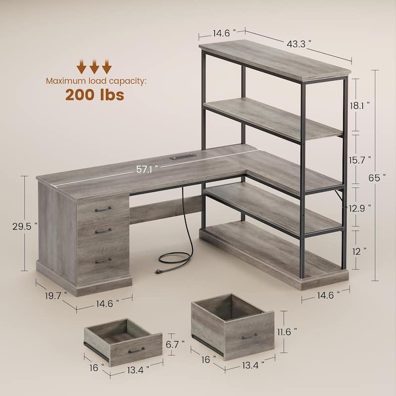 L Shaped Desk Drawers Storage Shelves Executive Home Office Desk