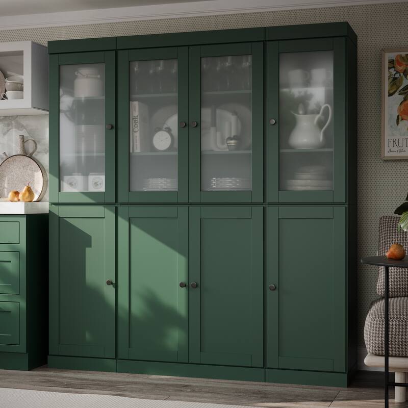 Palace Imports 100% Solid Wood 65" Pantry Cabinet with Frosted Glass, Shaker Doors and Adjustable Shelves - Green