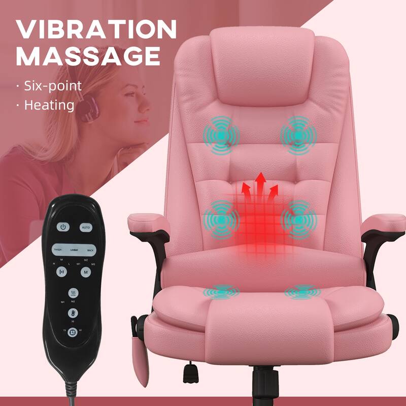 Pink PU Leather 360° Swivel High Back Office Recliner with Vibration Massage, Lumbar Heating, and Adjustable Height